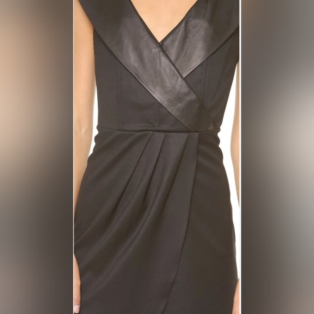 Alice + olivia Shayna Leather Trim Shawl Collar Faux Wrap Black Dress - Picture 6 of 15